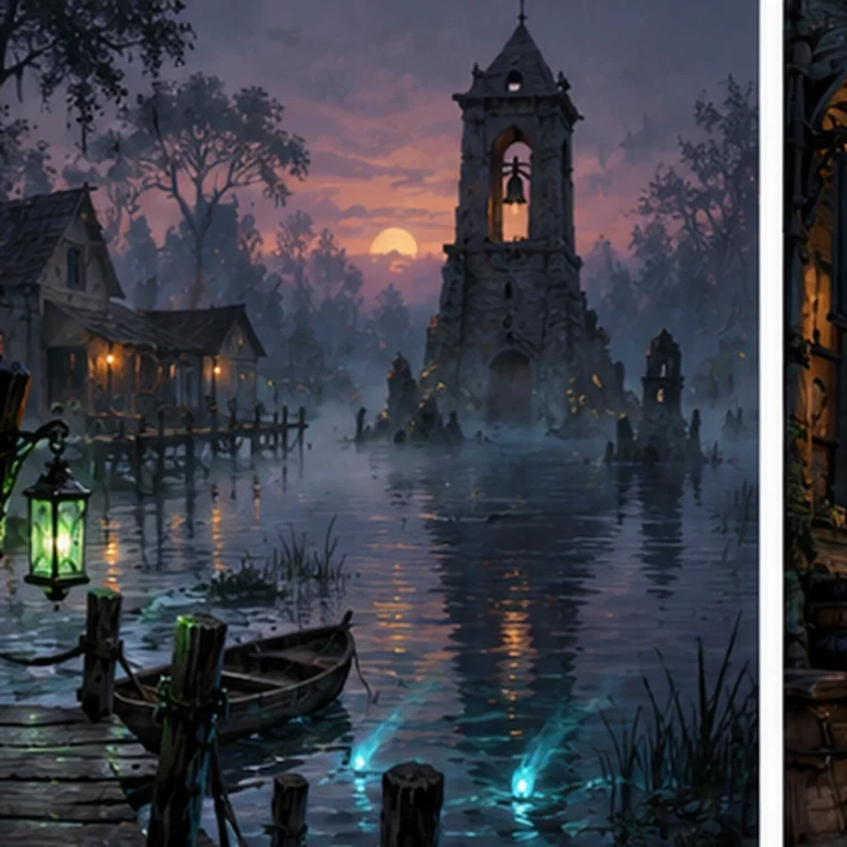 Misty fantasy swamp village at dusk for The Lanterns of Blackfen D&D campaign log