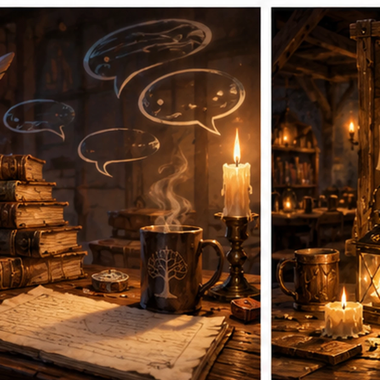 Fantasy writer's desk with quill, books, candle, and dialogue motifs for writing fantasy dialogue