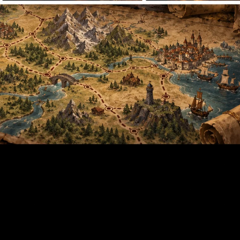 Detailed fantasy map with roads, ports, caravans, and trade routes for worldbuilding