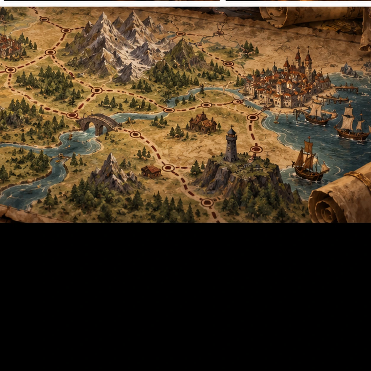 Detailed fantasy map with roads, ports, caravans, and trade routes for worldbuilding