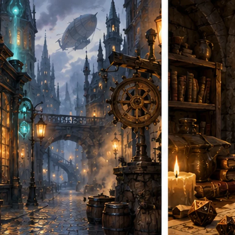 Gaslit fantasy city with magical machinery illustrating gaslamp fantasy versus steampunk