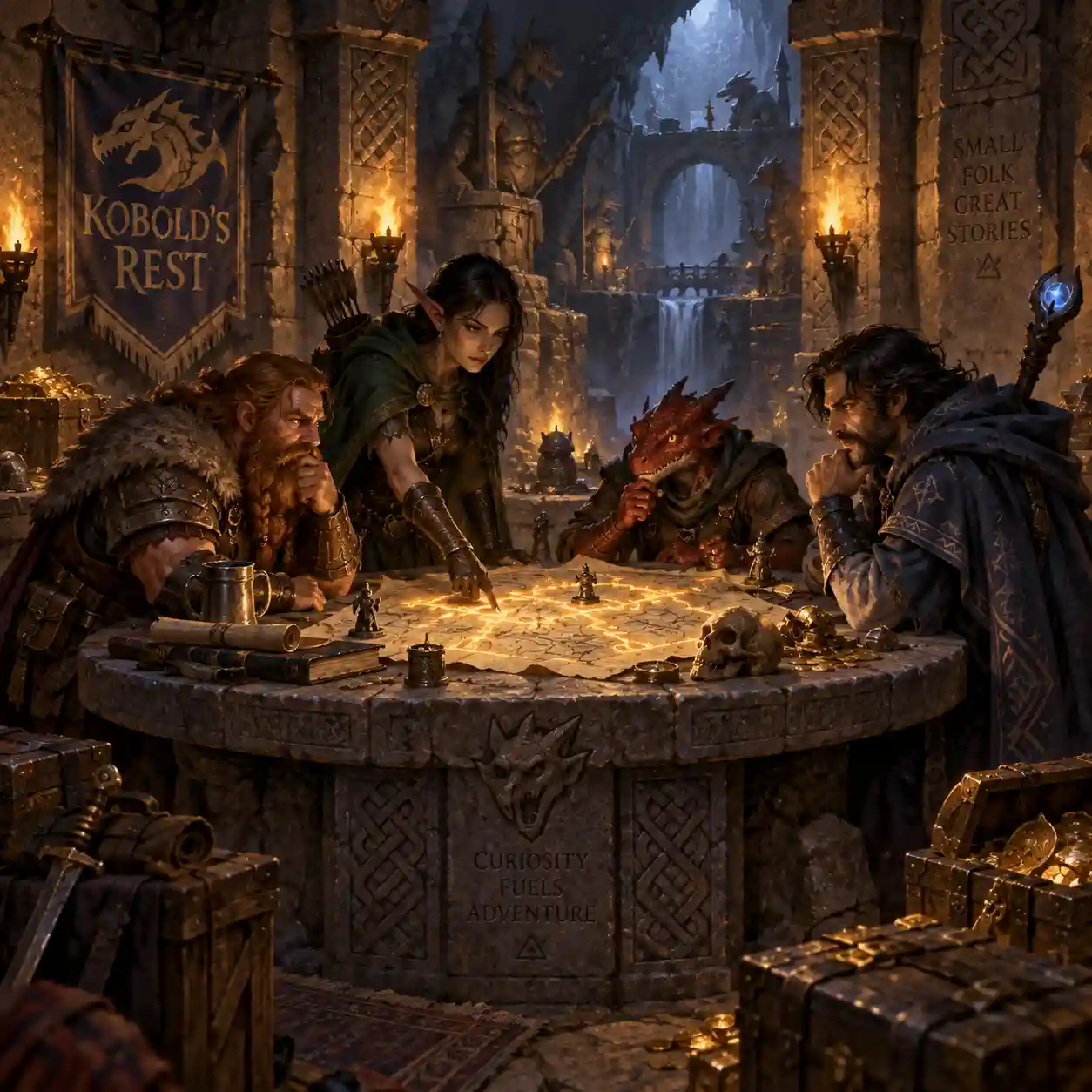 Fantasy campaign factions represented by a glowing strategy map and advancing clocks
