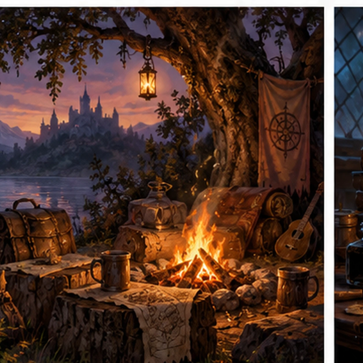 Quiet fantasy adventurer camp beside a lake at sunset representing downtime in TTRPG campaigns