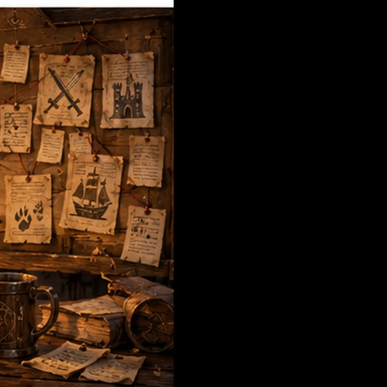 Fantasy tavern rumor board covered with notes and clues for a TTRPG rumor table